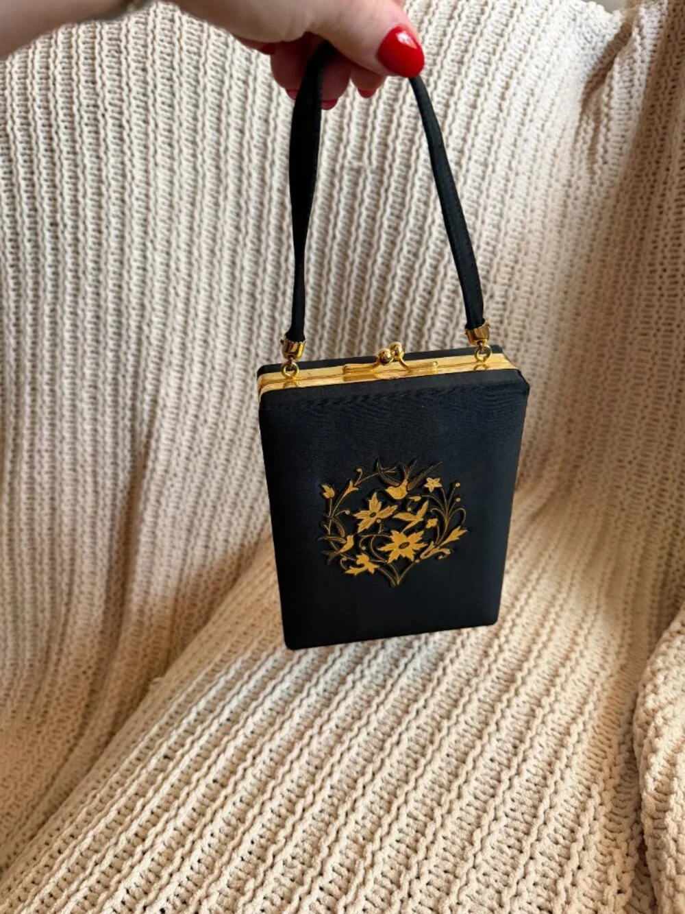 Vintage Black Vanity Compact Purse Mirror Powder Case Floral Bird Gold Tone